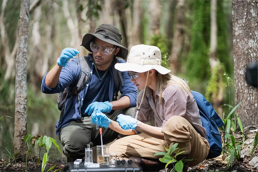 two researchers testing water examples in a forest
